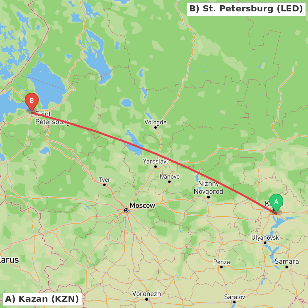 Flight route map from Kazan to St. Petersburg
