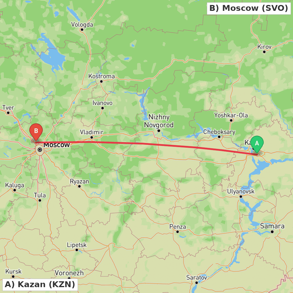 Flight route map from Kazan to Moscow