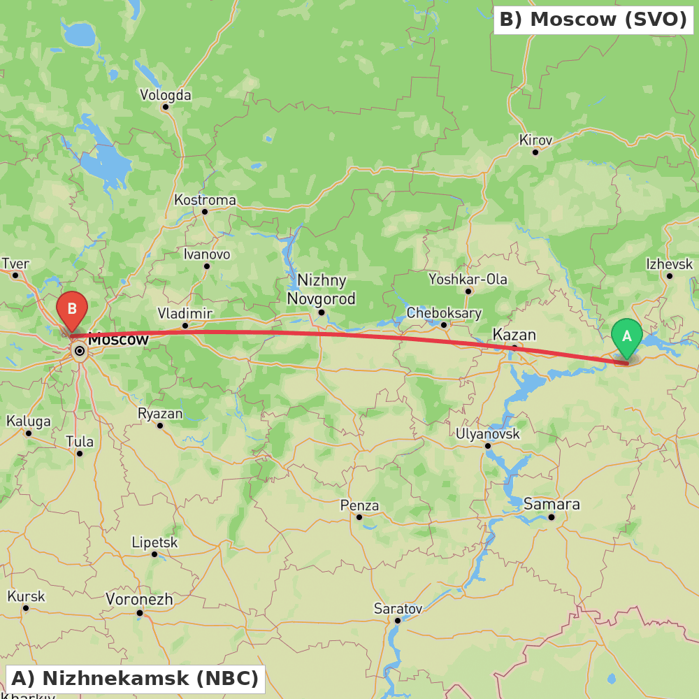 Flight route map from Nizhnekamsk to Moscow