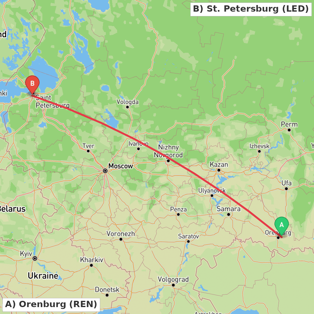 Flight route map from Orenburg to St. Petersburg
