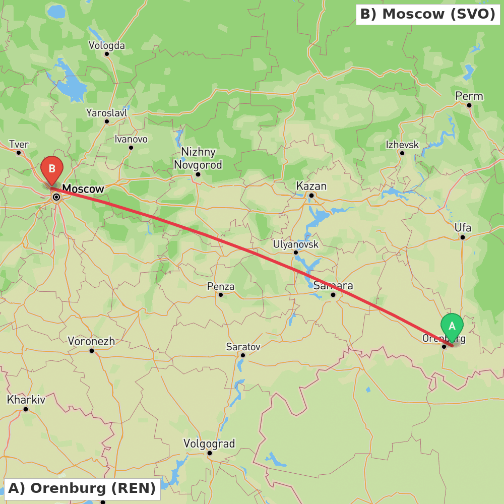 Flight route map from Orenburg to Moscow