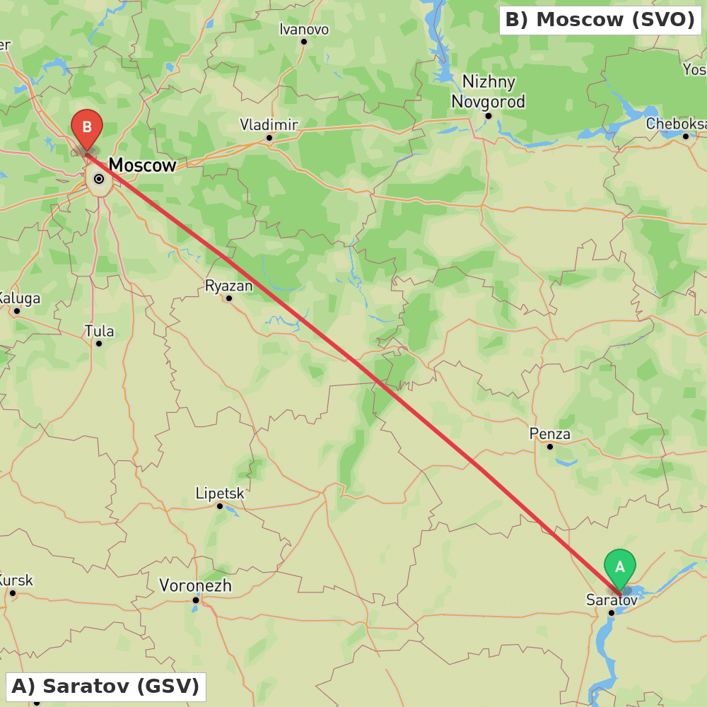 Flight route map from Saratov to Moscow