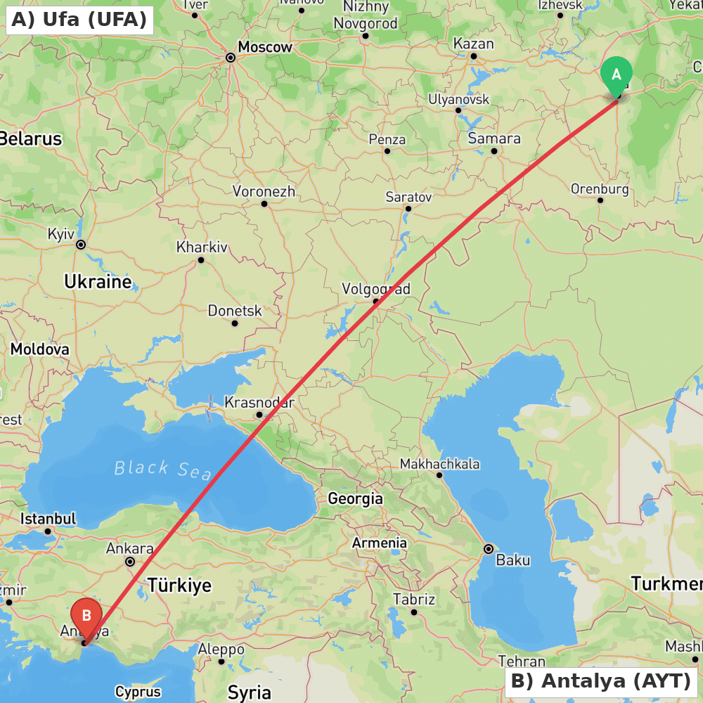 Flight route map from Ufa to Antalya