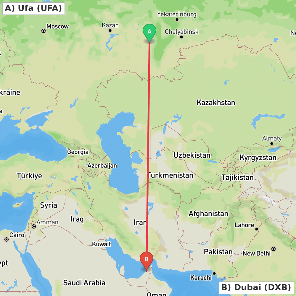 Flight route map from Ufa to Dubai