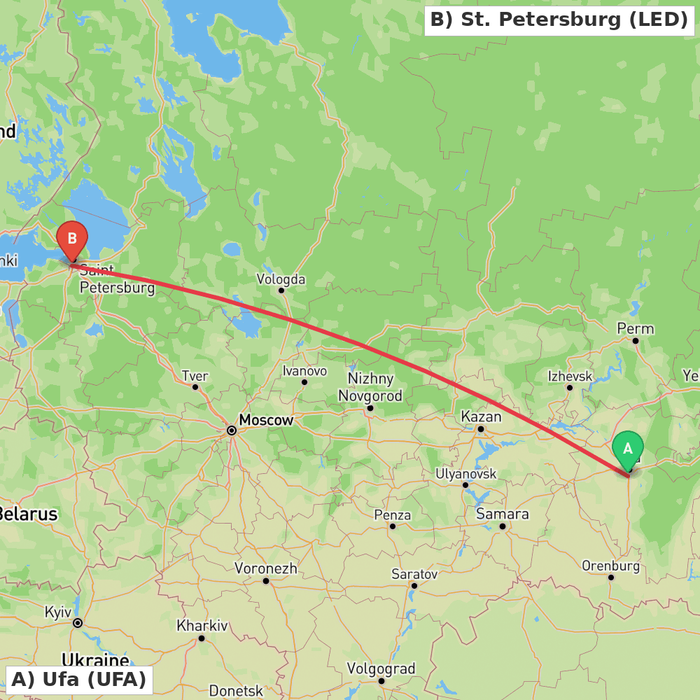 Flight route map from Ufa to St. Petersburg
