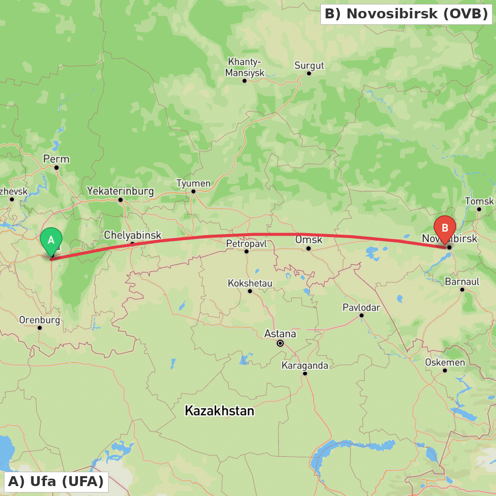 Flight route map from Ufa to Novosibirsk