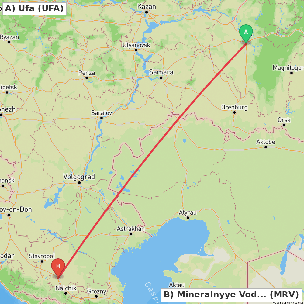 Flight route map from Ufa to Mineralnyye Vody
