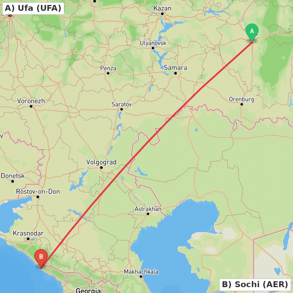 Flight route map from Ufa to Sochi
