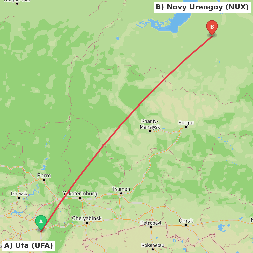 Flight route map from Ufa to Novy Urengoy