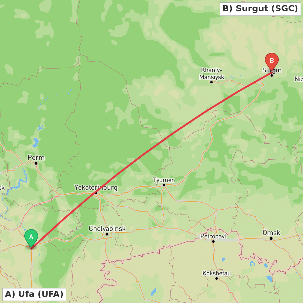 Flight route map from Ufa to Surgut