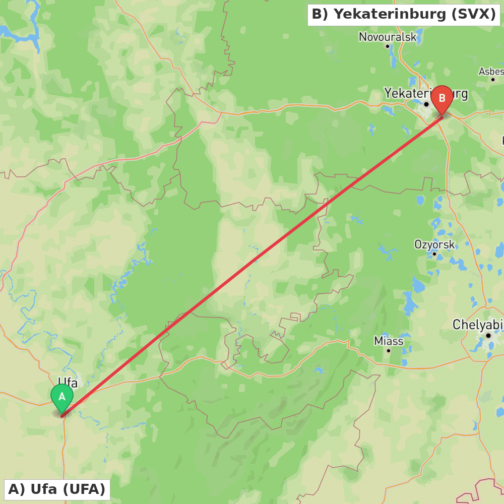 Flight route map from Ufa to Yekaterinburg