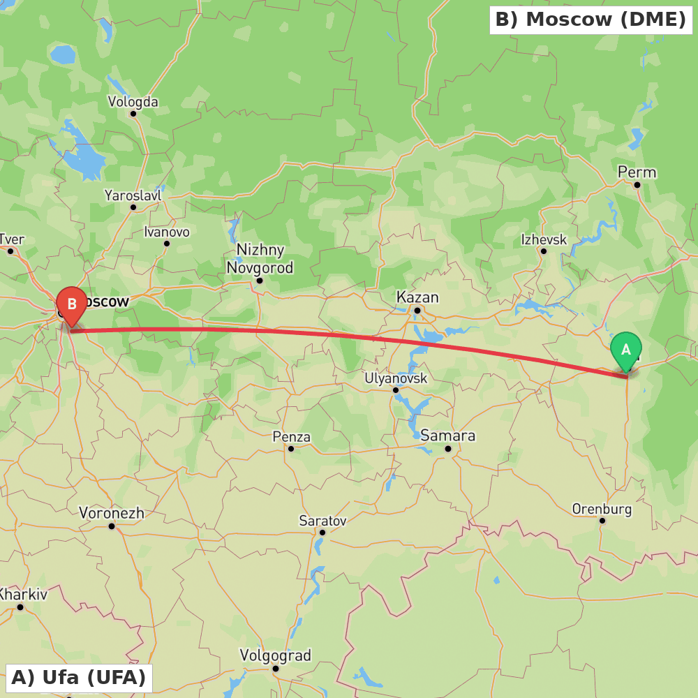 Flight route map from Ufa to Moscow