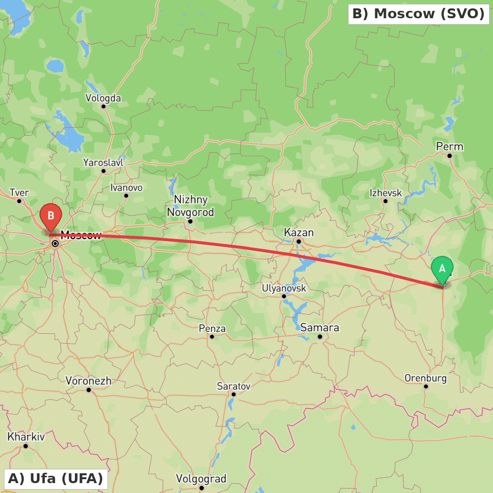 Flight route map from Ufa to Moscow