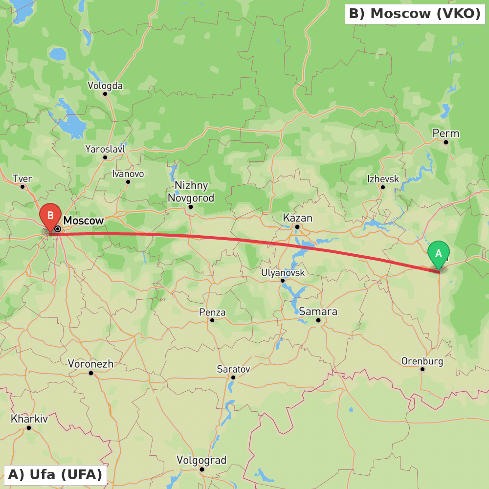 Flight route map from Ufa to Moscow