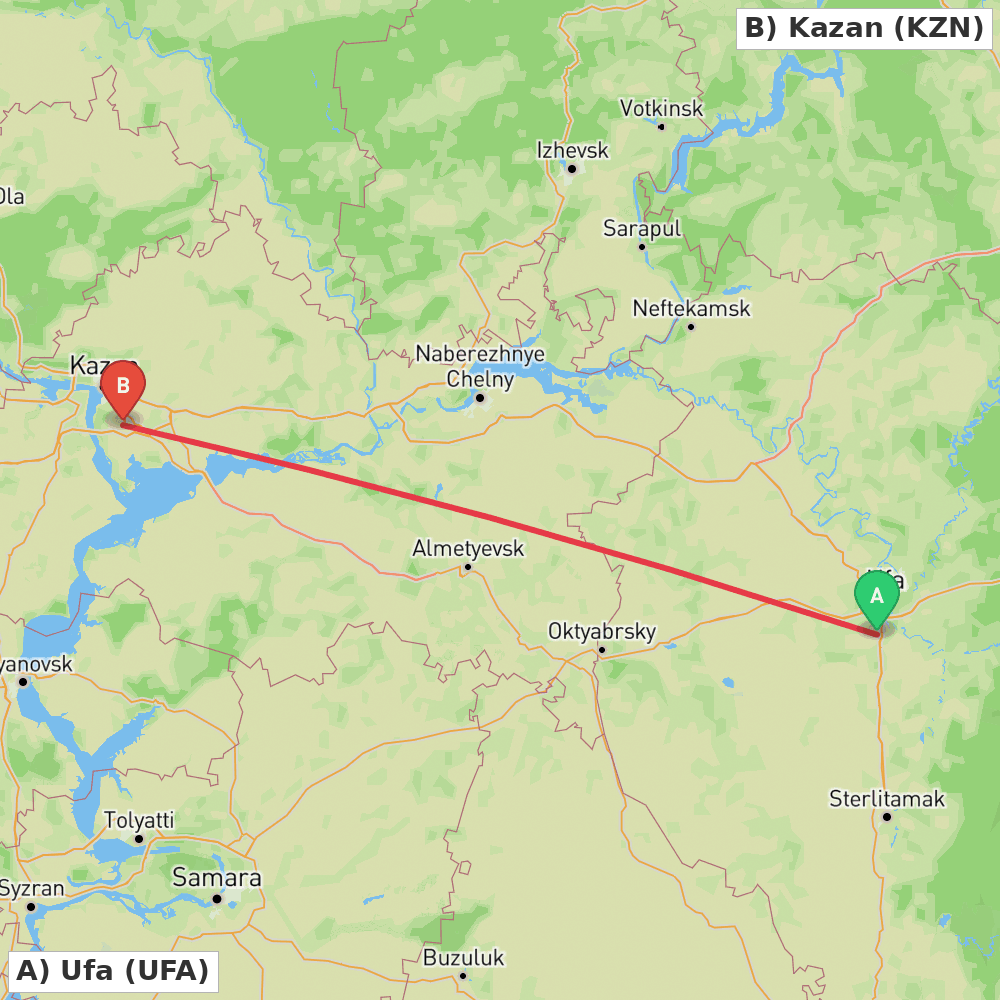 Flight route map from Ufa to Kazan