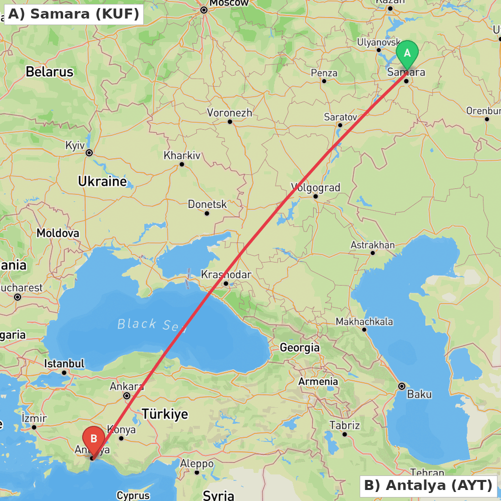 Flight route map from Samara to Antalya