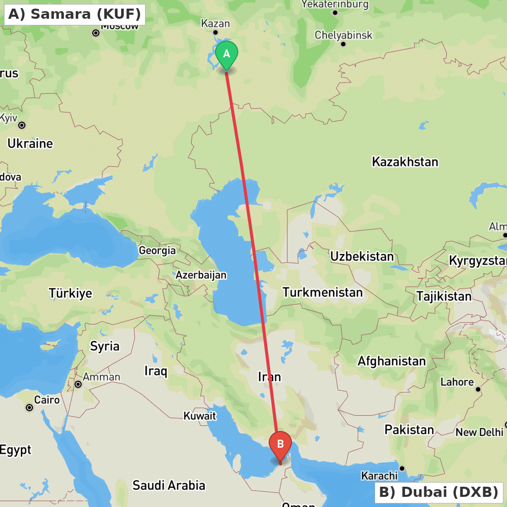 Flight route map from Samara to Dubai