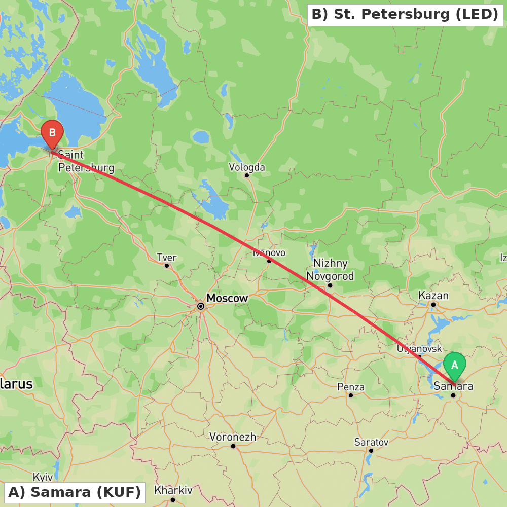 Flight route map from Samara to St. Petersburg