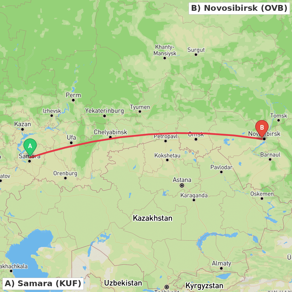 Flight route map from Samara to Novosibirsk