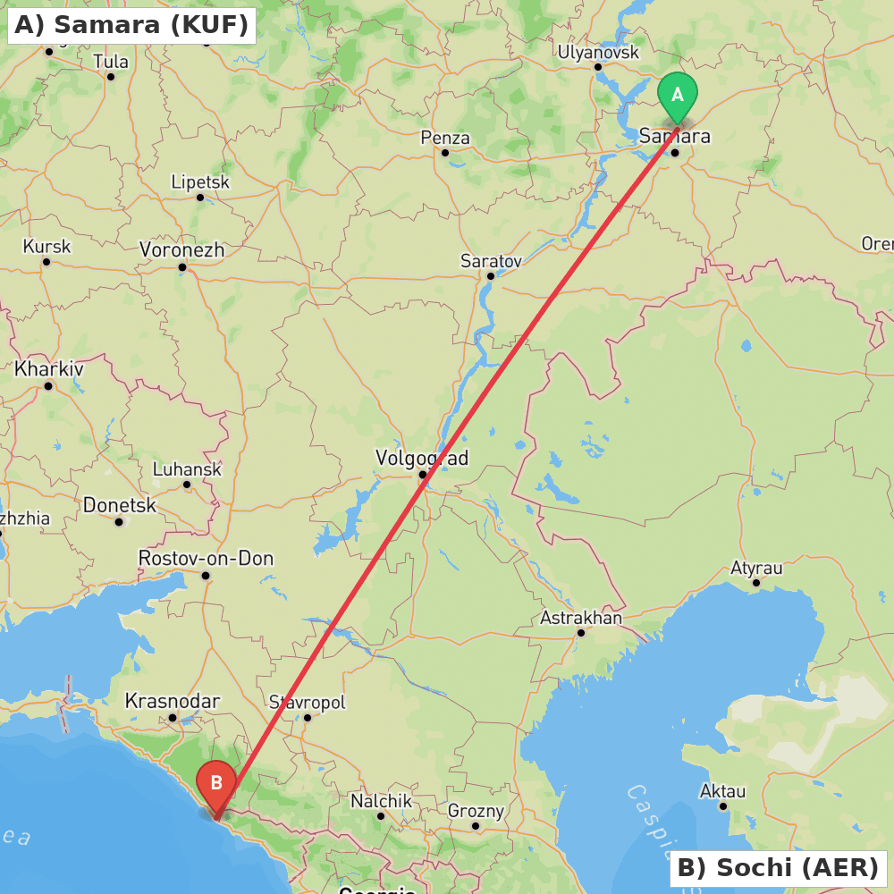 Flight route map from Samara to Sochi