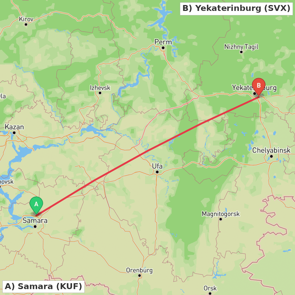 Flight route map from Samara to Yekaterinburg