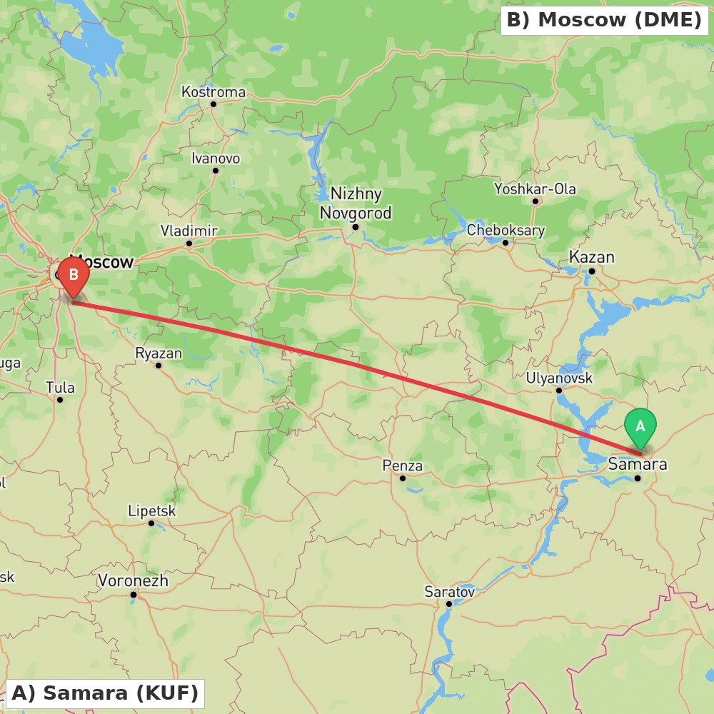 Flight route map from Samara to Moscow