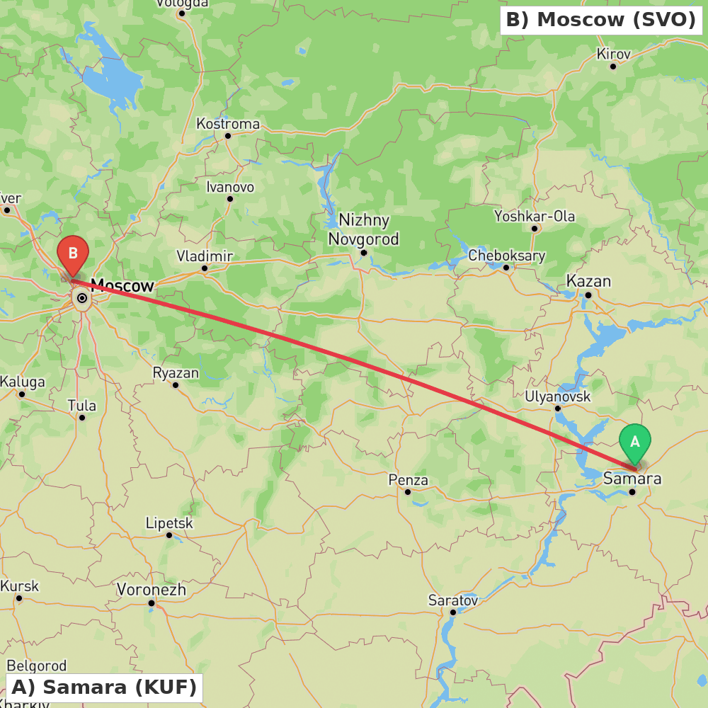 Flight route map from Samara to Moscow