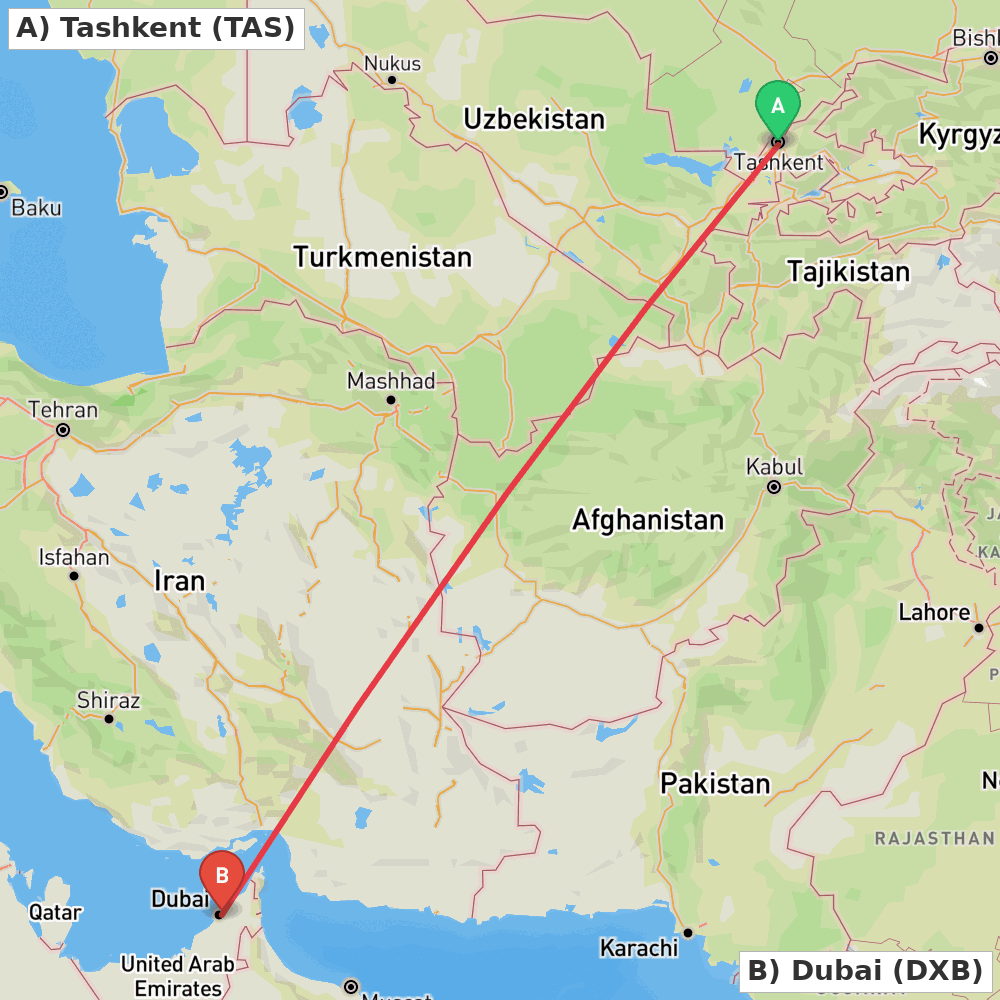 Flight route map from Tashkent to Dubai