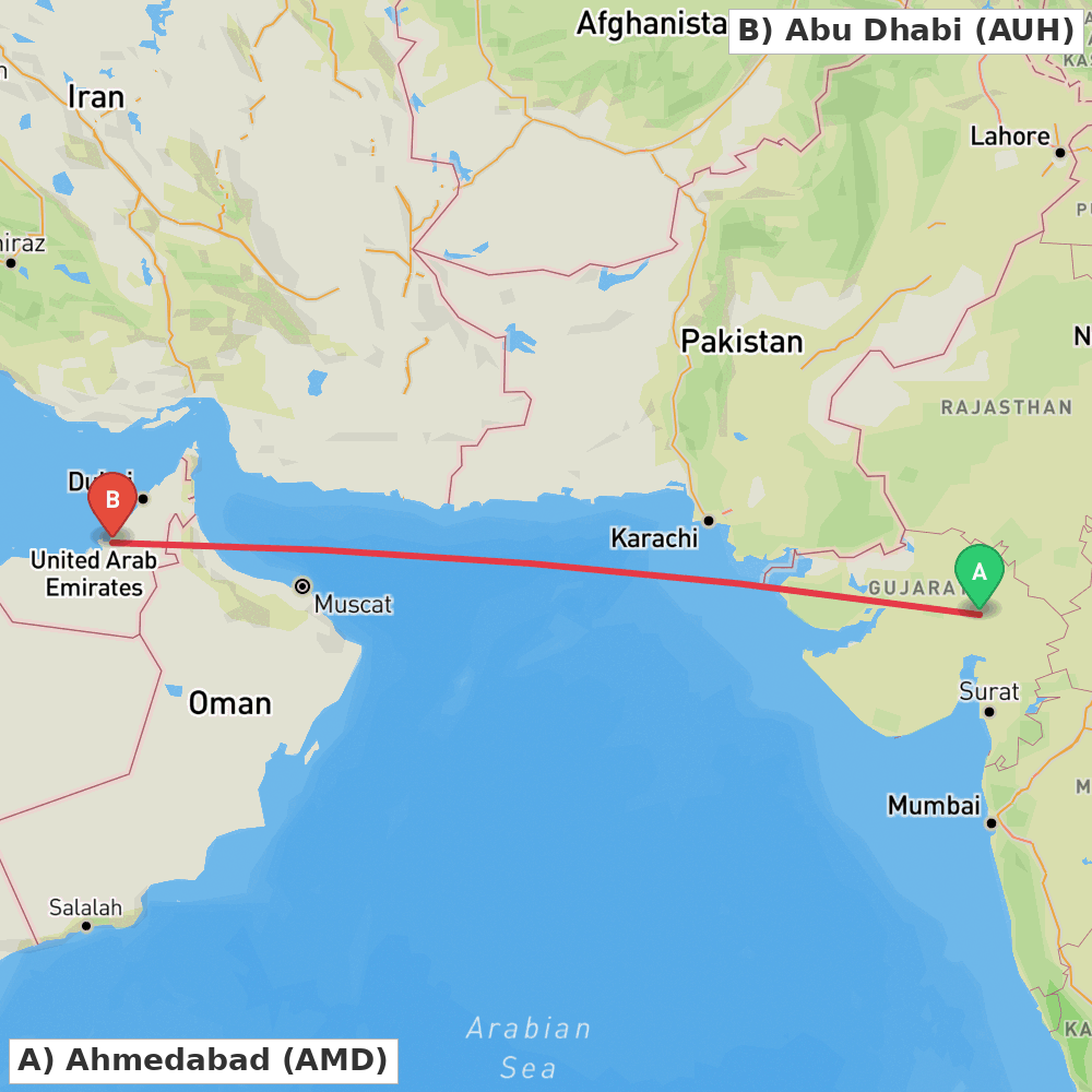 Flight route map from Ahmedabad to Abu Dhabi