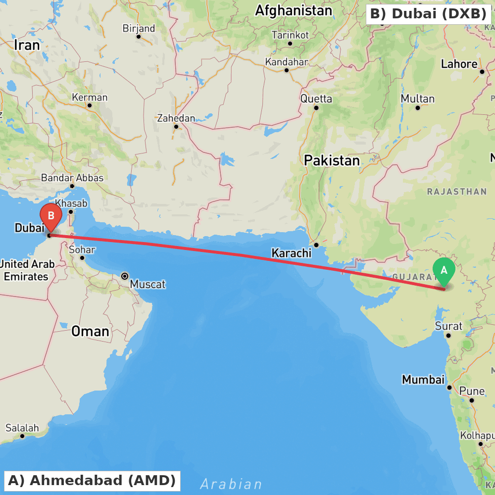 Flight route map from Ahmedabad to Dubai