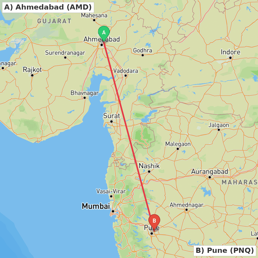 Flight route map from Ahmedabad to Pune