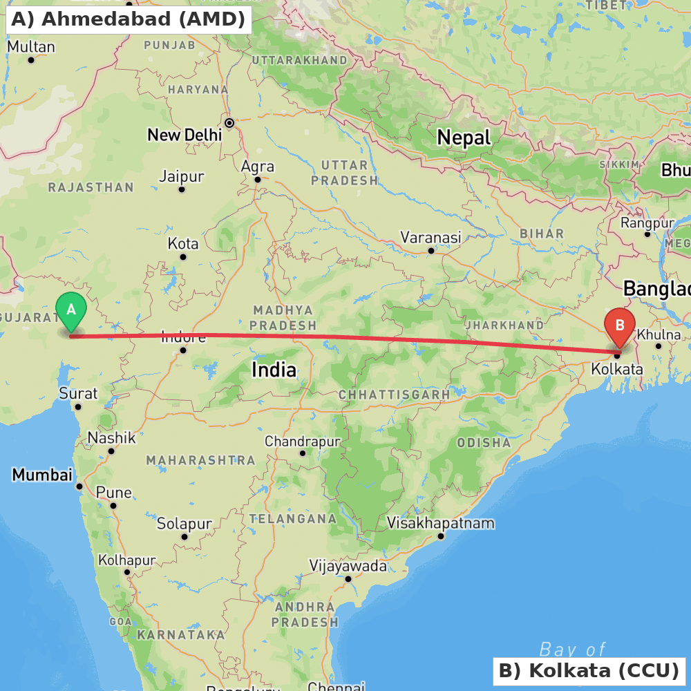 Flight route map from Ahmedabad to Kolkata