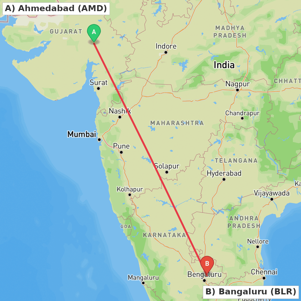 Flight route map from Ahmedabad to Bangaluru