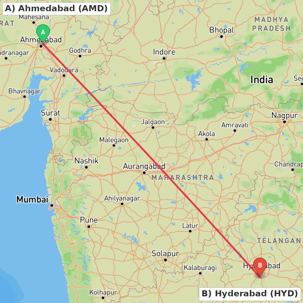 Flight route map from Ahmedabad to Hyderabad