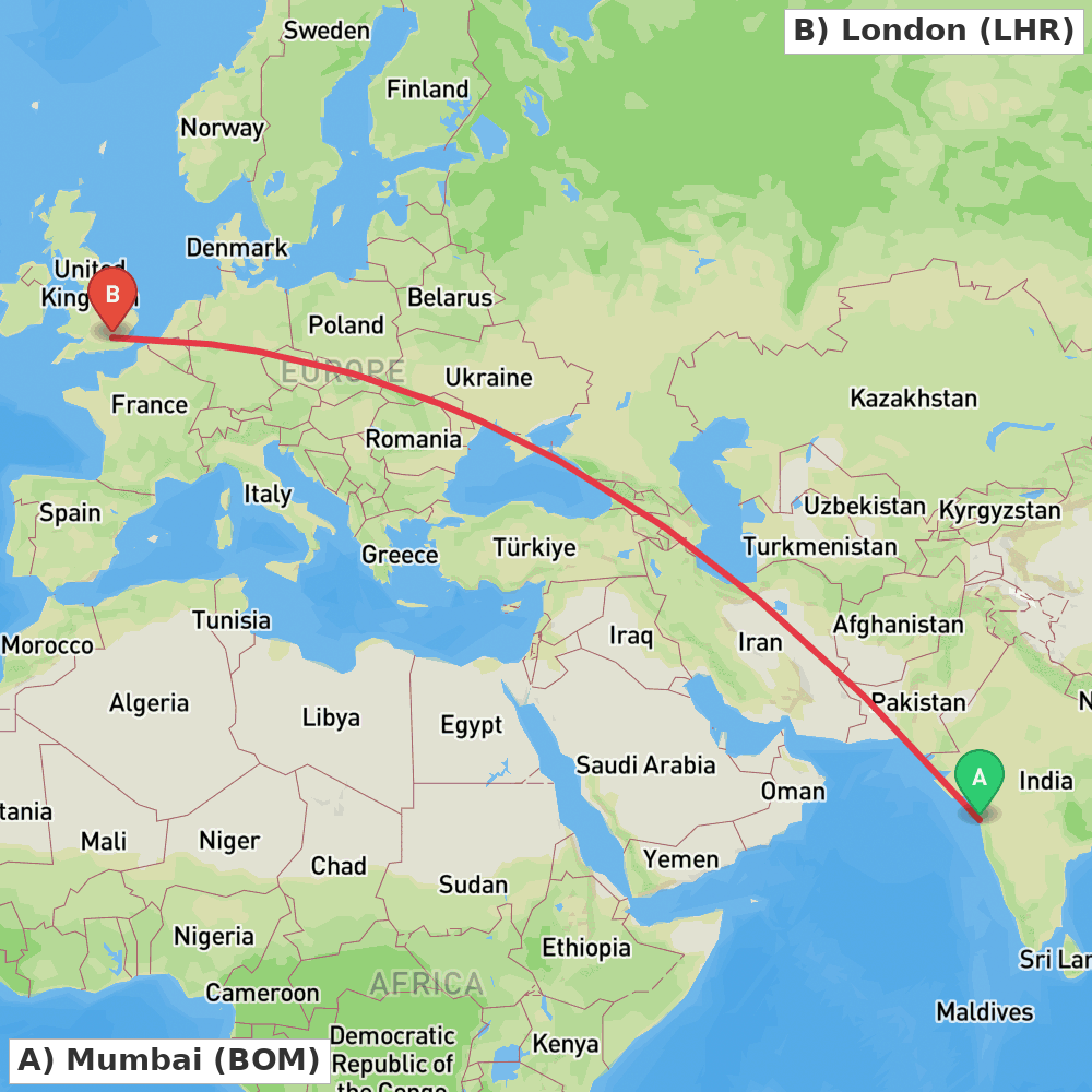 Flight route map from Mumbai to London