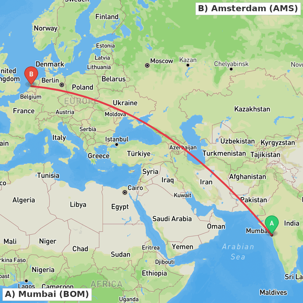 Flight route map from Mumbai to Amsterdam