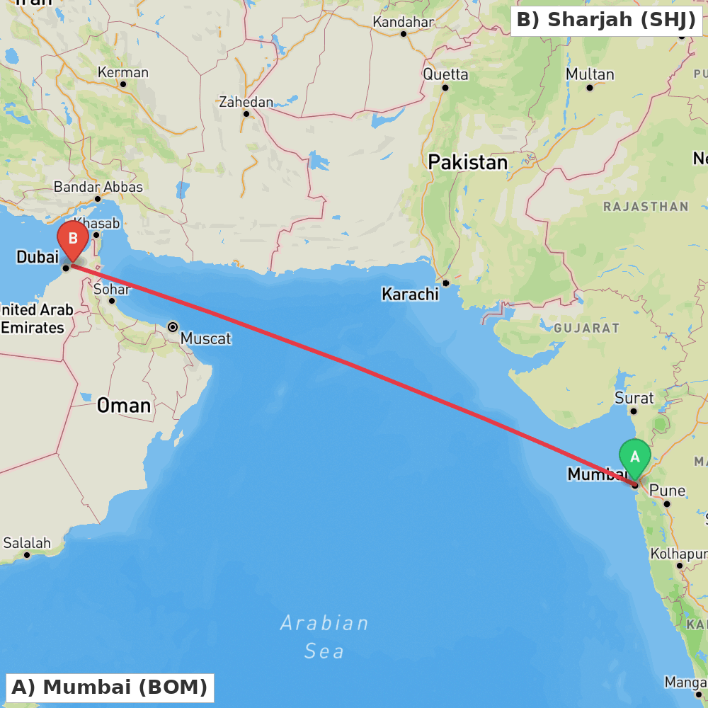 Flight route map from Mumbai to Sharjah