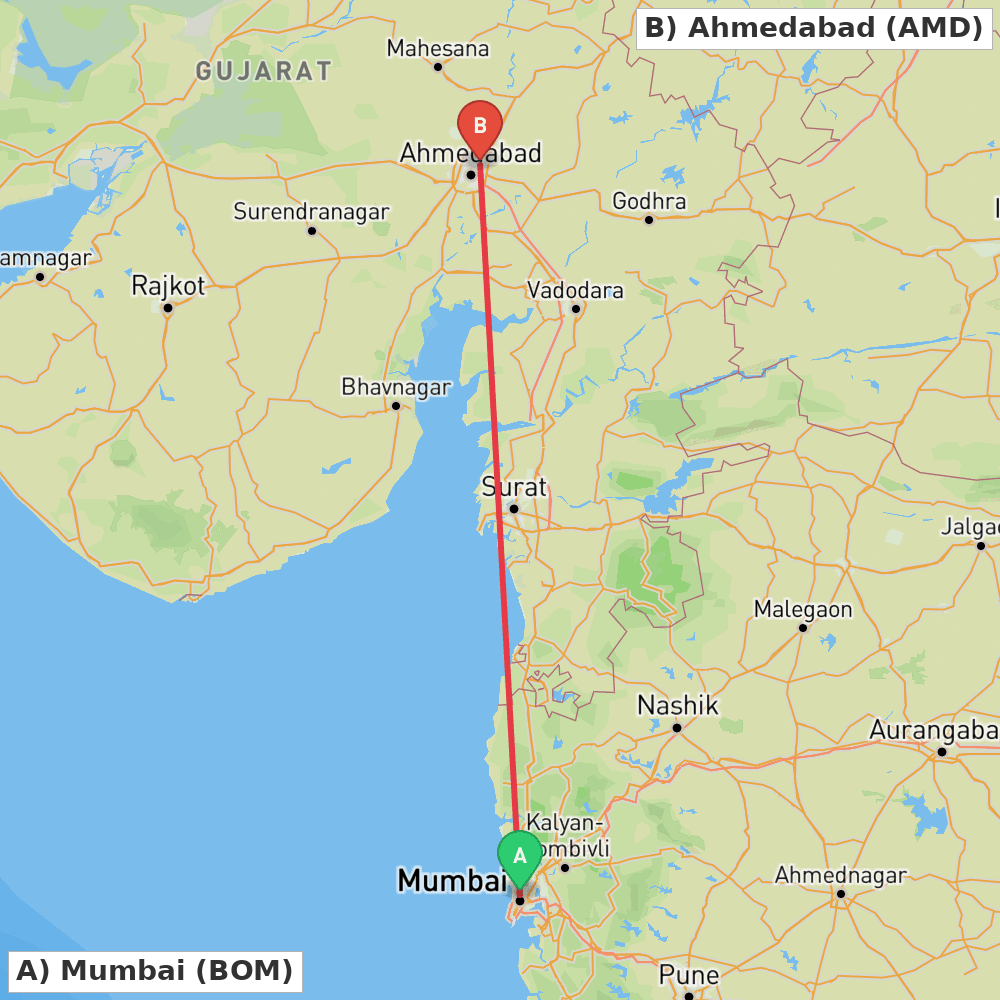 Flight route map from Mumbai to Ahmedabad