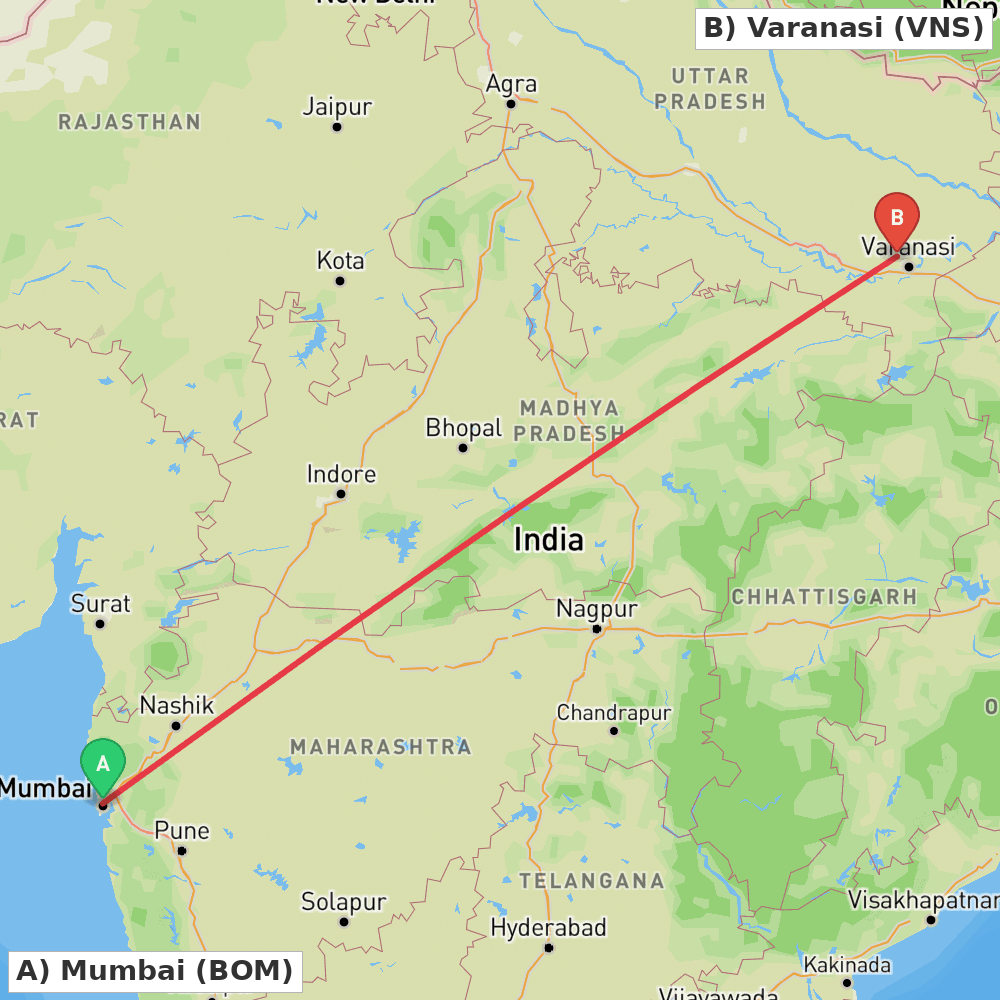 Flight route map from Mumbai to Varanasi