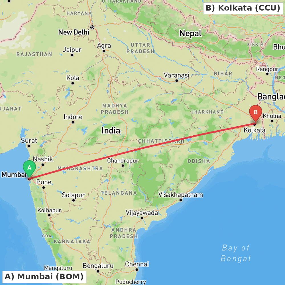 Flight route map from Mumbai to Kolkata
