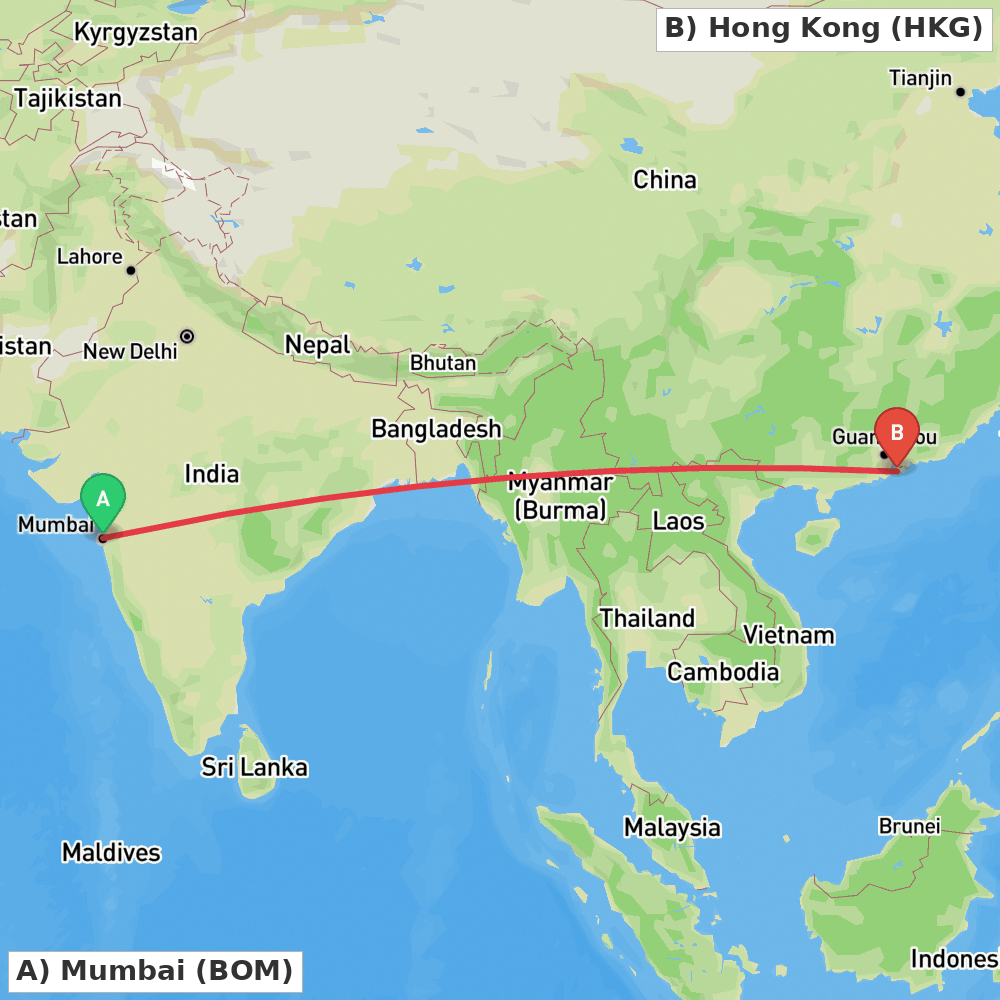 Flight route map from Mumbai to Hong Kong