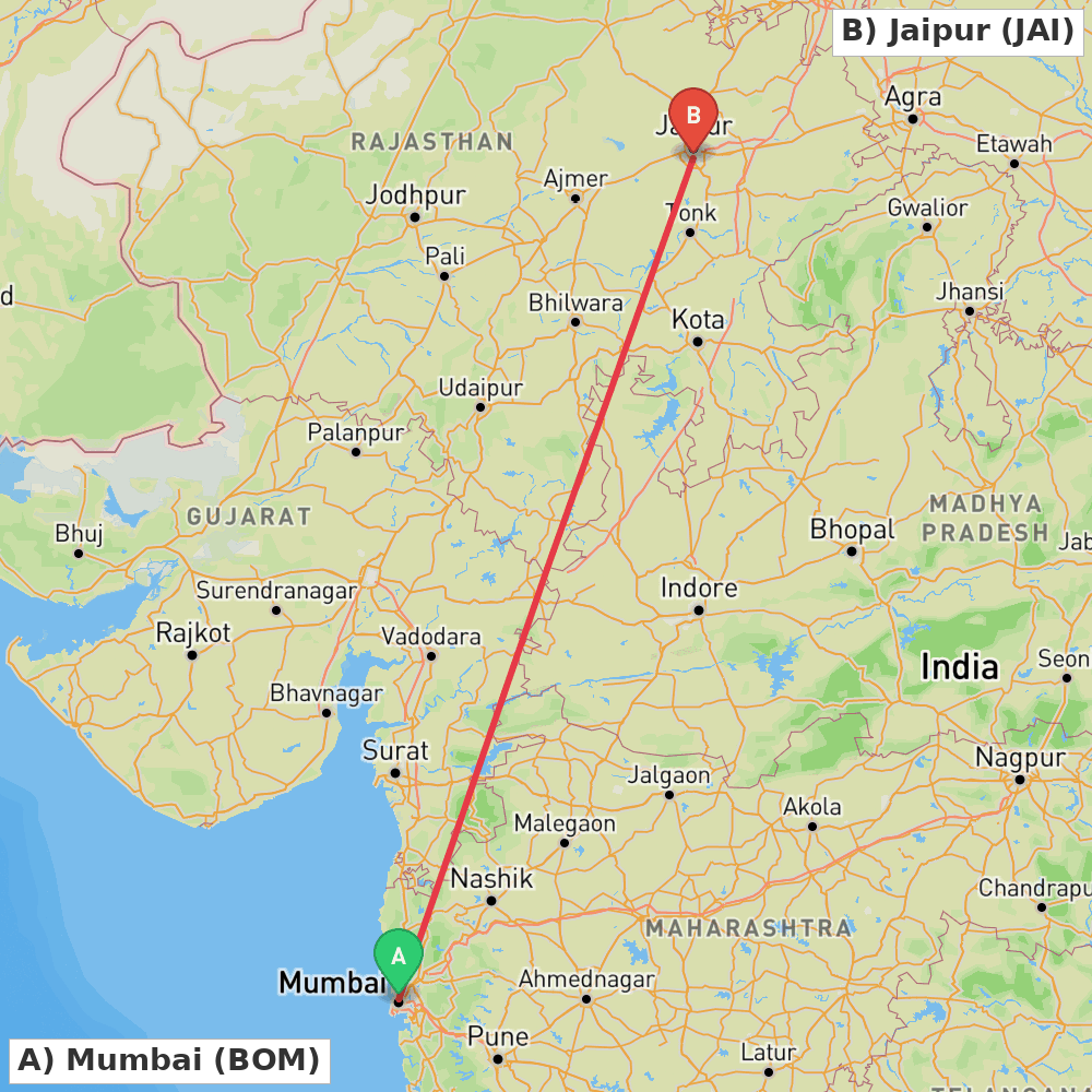 Flight route map from Mumbai to Jaipur