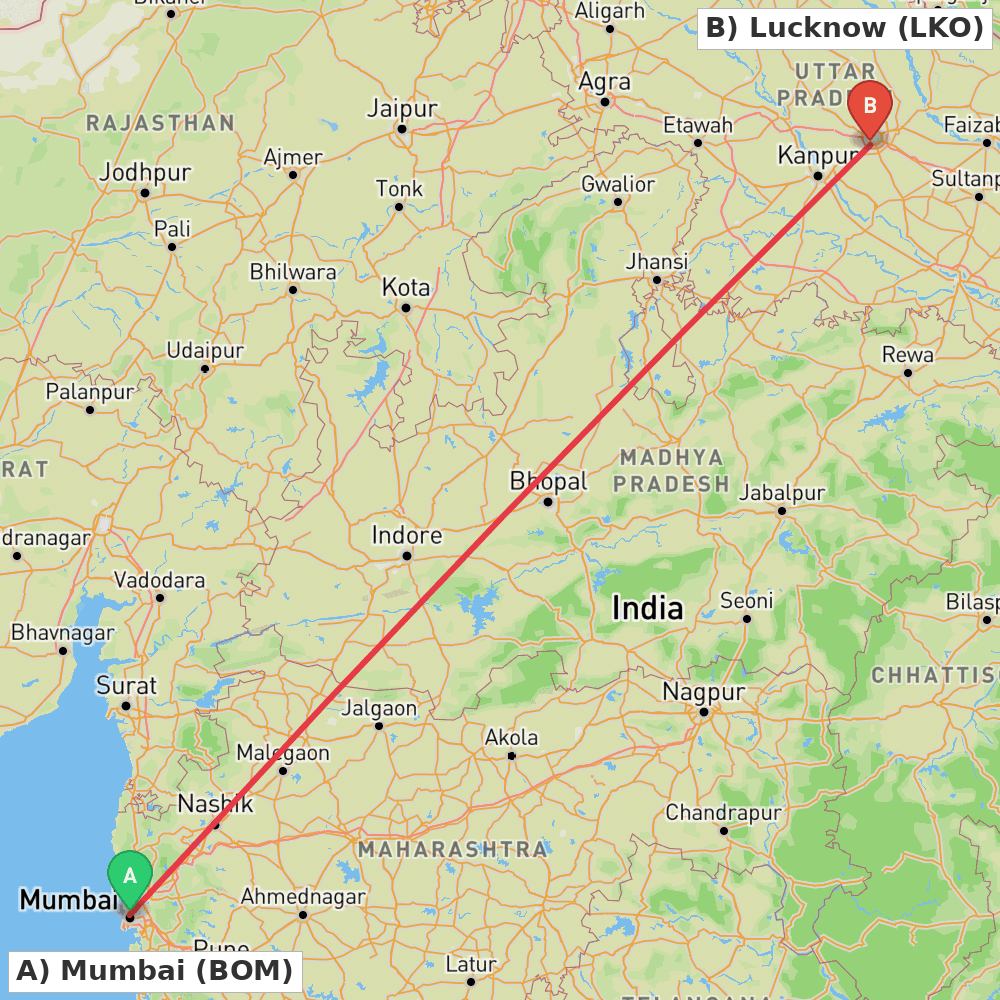 Flight route map from Mumbai to Lucknow