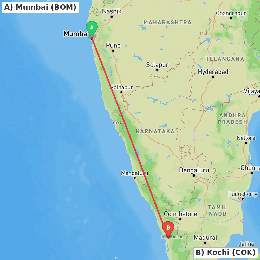 Flight route map from Mumbai to Kochi