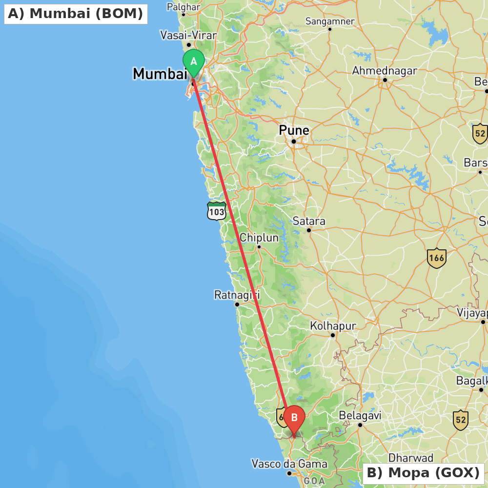 Flight route map from Mumbai to Mopa
