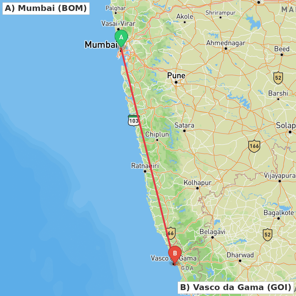 Flight route map from Mumbai to Vasco da Gama