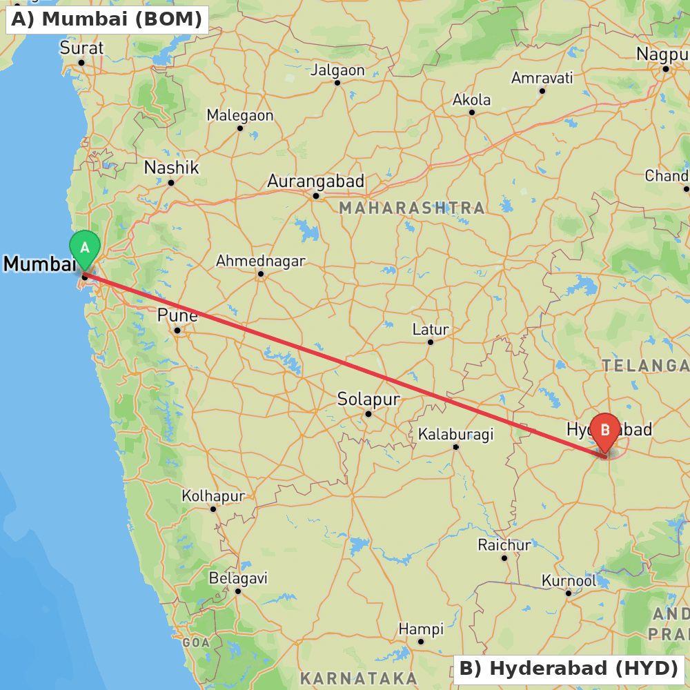 Flight route map from Mumbai to Hyderabad
