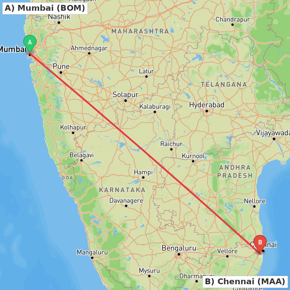 Flight route map from Mumbai to Chennai