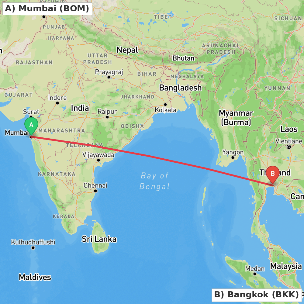 Flight route map from Mumbai to Bangkok
