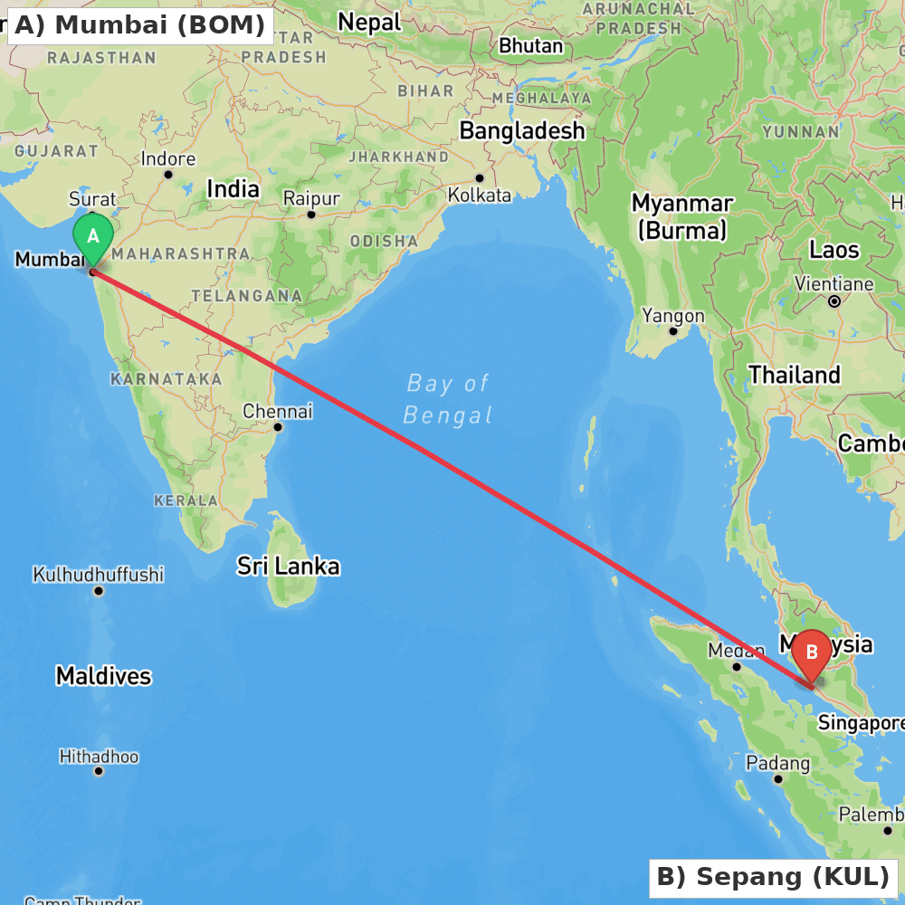 Flight route map from Mumbai to Sepang
